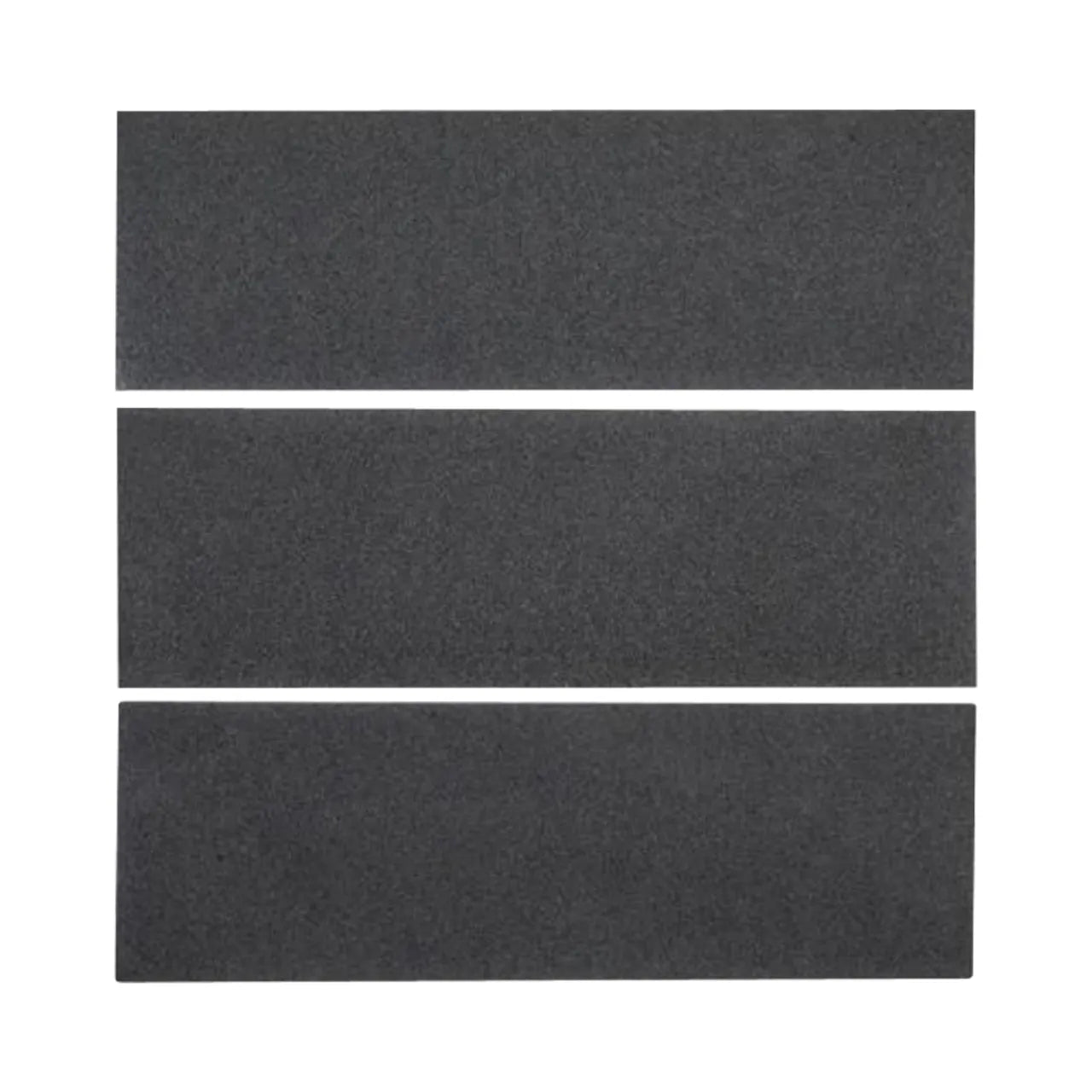 Three rectangular Go Build Basalt 4 in. x 12 in. Wall & Floor Mosaic Tiles in gray are stacked vertically, evenly spaced, against a white background.